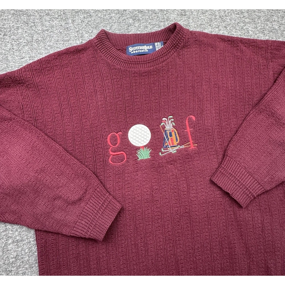 Scottish Isle By Bernette Golf Sweater Embroidered USA Mens Sz L Red Dad Vtg